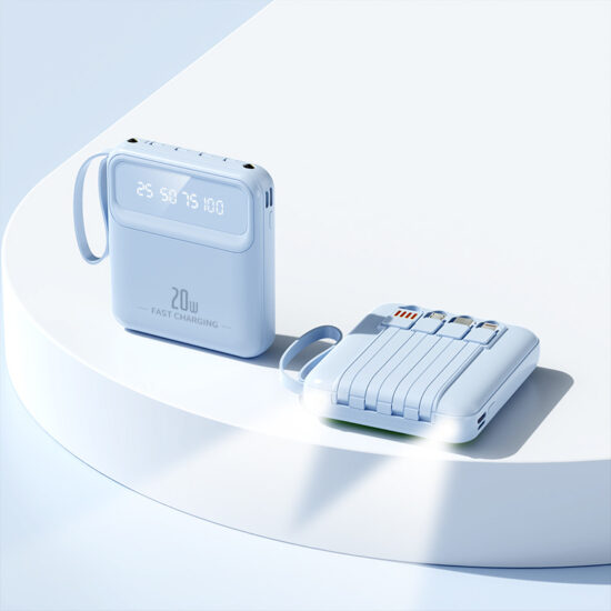 Portable 20000mAh Mirror Power Bank with Built-in Cables and Lanyard