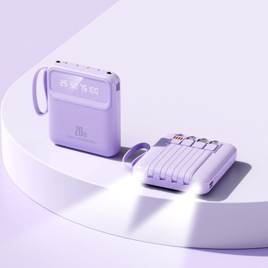 Portable 20000mAh Mirror Power Bank with Built-in Cables and Lanyard