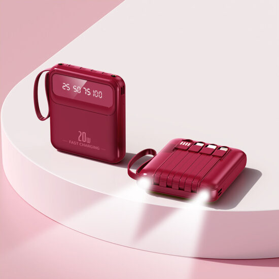 Portable 20000mAh Mirror Power Bank with Built-in Cables and Lanyard