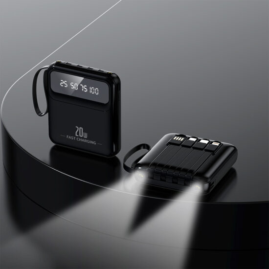 Portable 20000mAh Mirror Power Bank with Built-in Cables and Lanyard