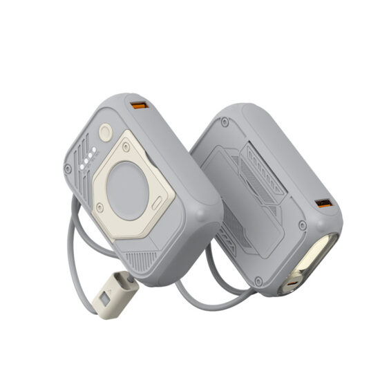 20000mAh mecha-style power bank with built-in cable and phone stand function

