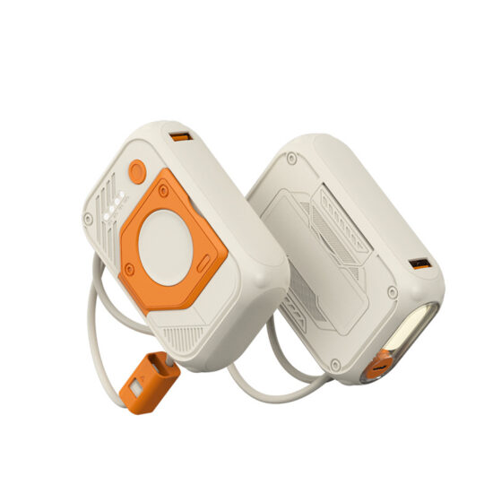 20000mAh mecha-style power bank with built-in cable and phone stand function

