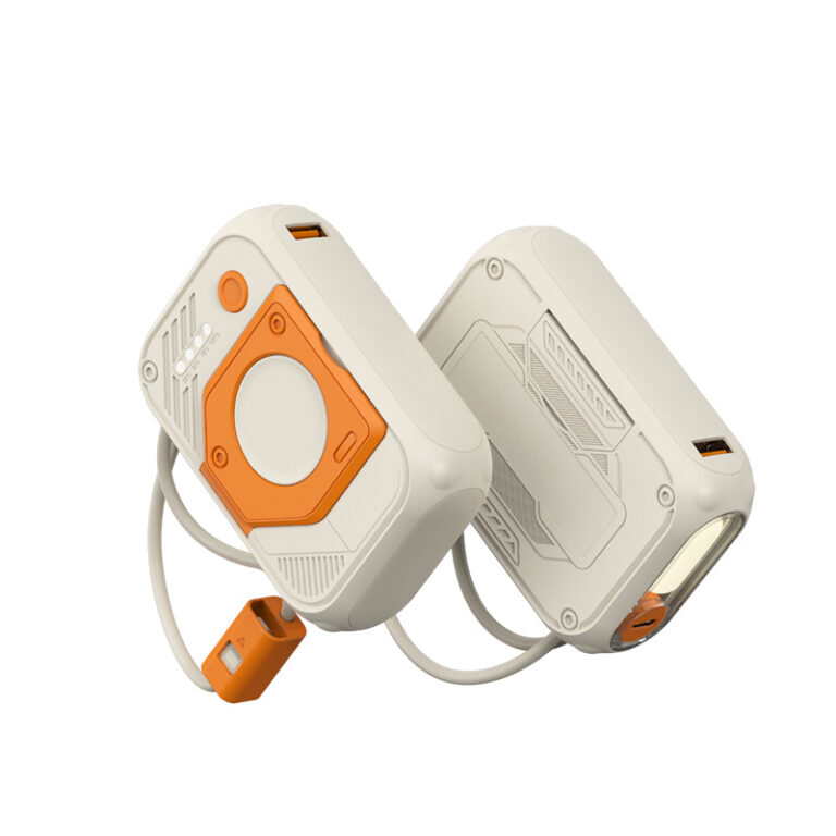 20000mAh mecha-style power bank with built-in cable and phone stand function