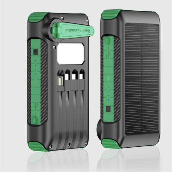 Solar hand crank 20000mAh power bank with built-in charging cables for camping