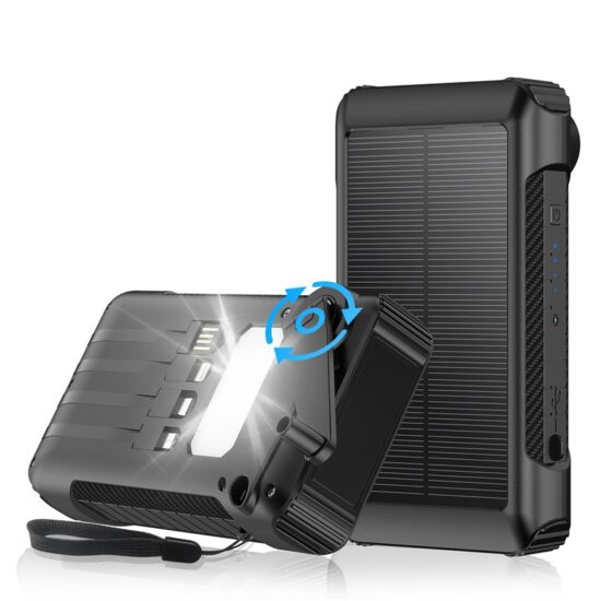 Solar hand crank 20000mAh power bank with built-in charging cables for camping