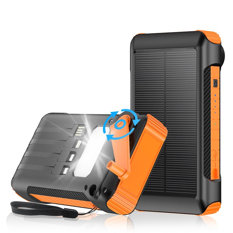 Solar hand crank 20000mAh power bank with built-in charging cables for camping