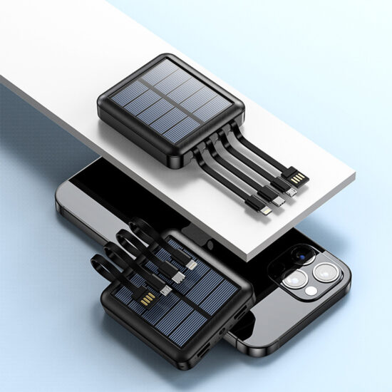 Slim 20000mAh Solar Power Bank with Built-in Charging Cable