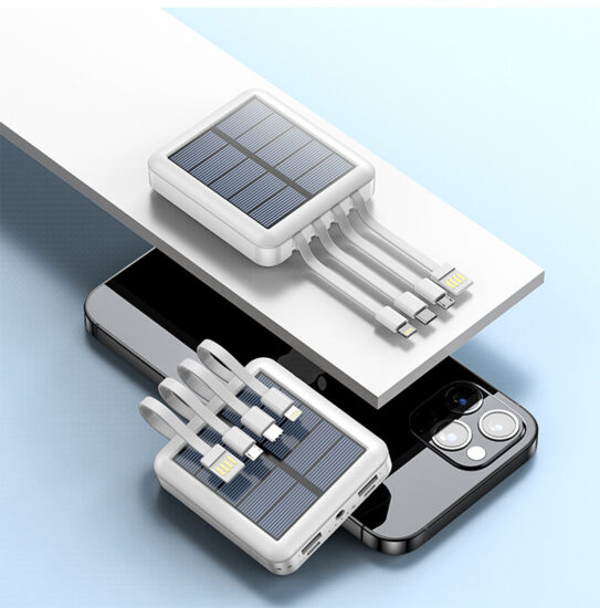 Slim 20000mAh Solar Power Bank with Built-in Charging Cable