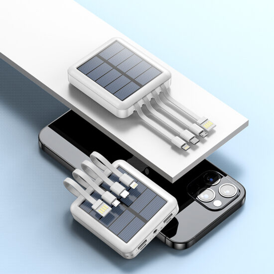 Slim 20000mAh Solar Power Bank with Built-in Charging Cable
