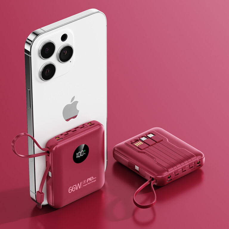 "22.5W AC fast charging power bank with built-in cable and foldable plug for portable use"