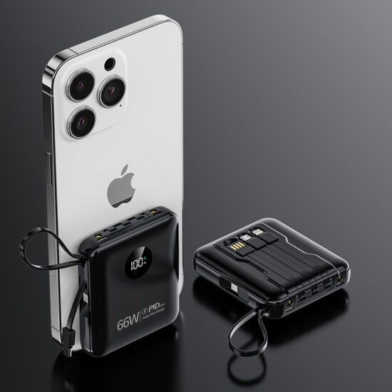 "22.5W AC fast charging power bank with built-in cable and foldable plug for portable use"