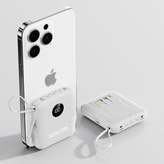 "22.5W AC fast charging power bank with built-in cable and foldable plug for portable use"
