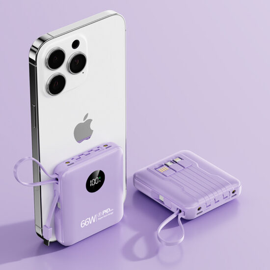 "22.5W AC fast charging power bank with built-in cable and foldable plug for portable use"