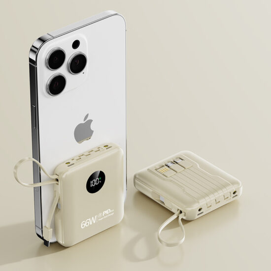 "22.5W AC fast charging power bank with built-in cable and foldable plug for portable use"