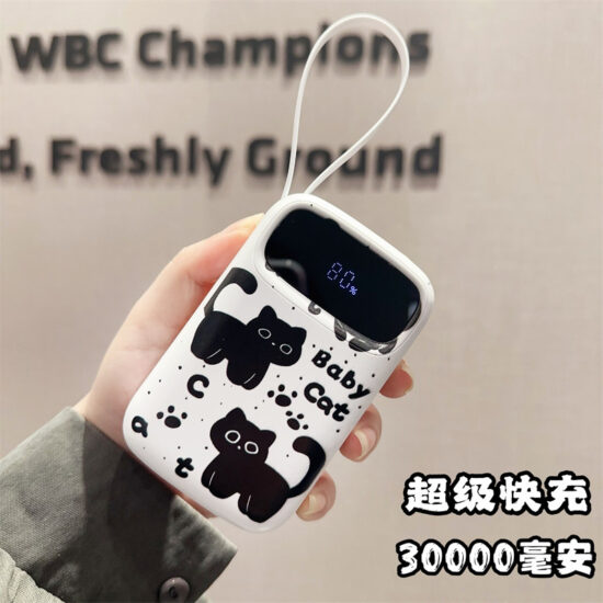 Cute slim 30000mAh power bank with built-in 3-in-1 cable and fast charging