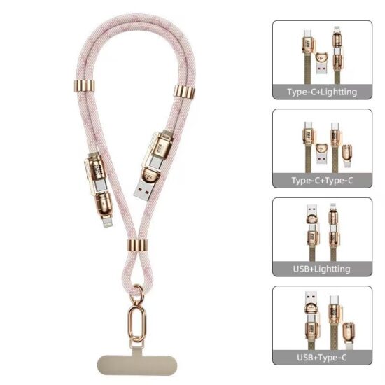 4-in-1 Fast Charging Data Cable with Crossbody Phone Lanyard Strap