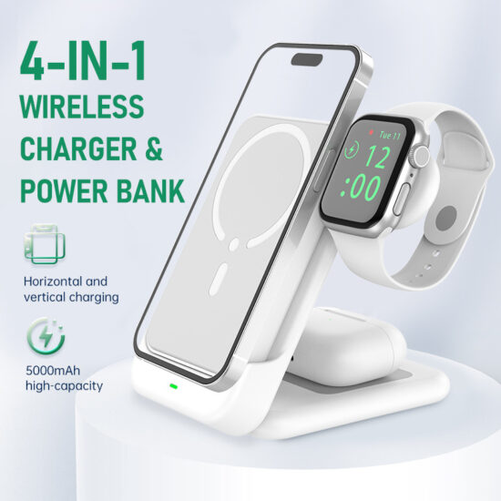 4-in-1 wireless charging station with 5000mAh portable power bank