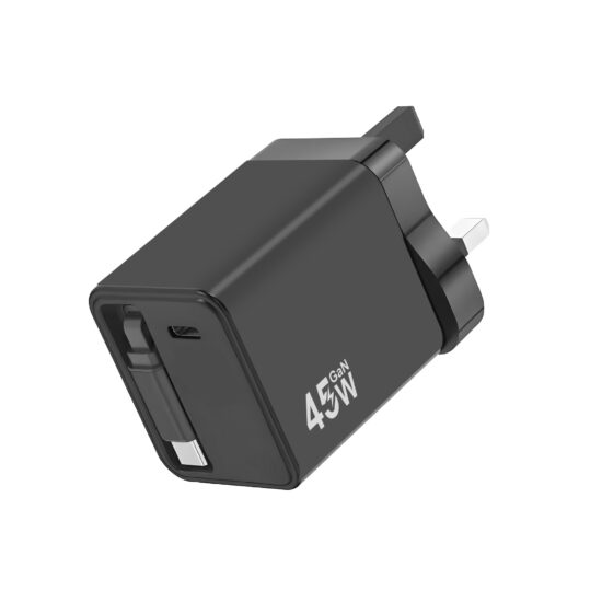 45W Retractable GaN Fast Charger with Dual USB-C Ports