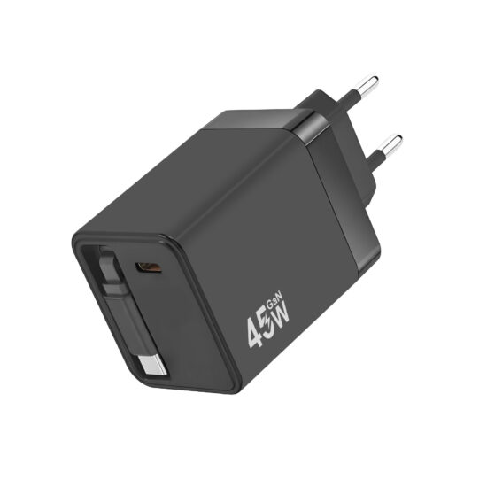45W Retractable GaN Fast Charger with Dual USB-C Ports