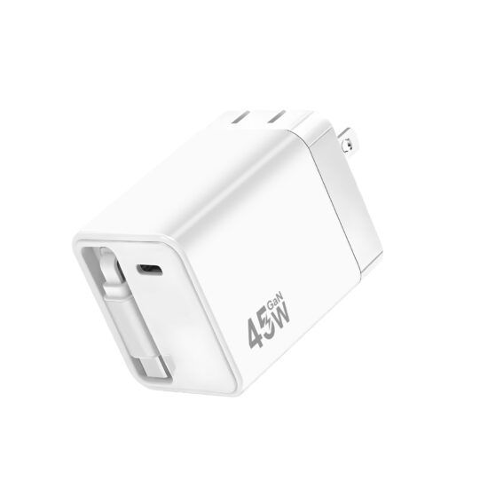 45W Retractable GaN Fast Charger with Dual USB-C Ports