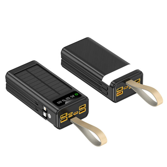 50000mAh solar power bank with fast charging, built-in cables, and carry handle