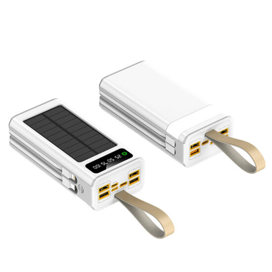 50000mAh solar power bank with fast charging, built-in cables, and carry handle