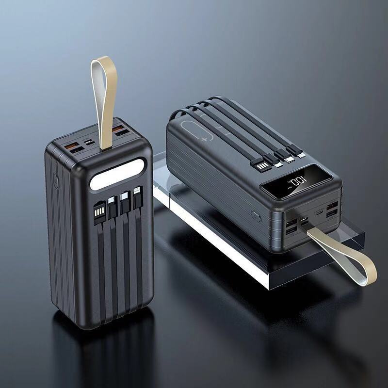 50000mAh high-capacity power bank with built-in charging cables for portable use