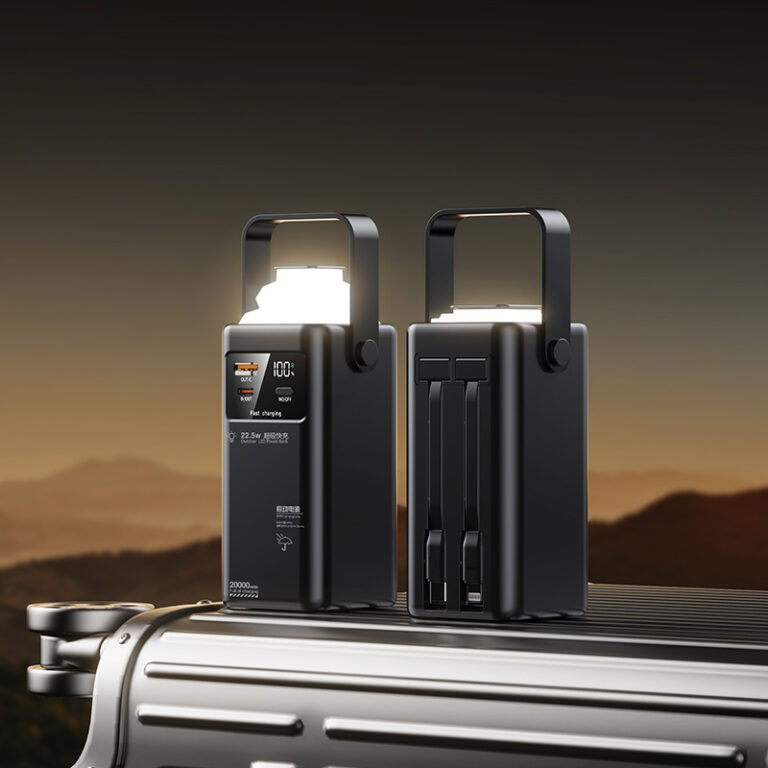 50000mAh power bank with fast charge, 4 built-in cables, and foldable LED light