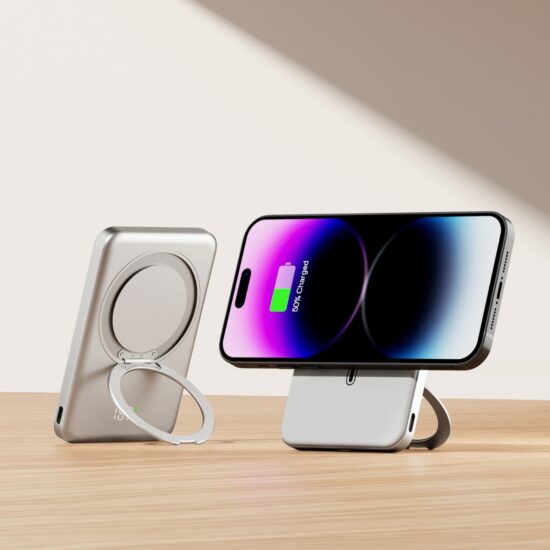 Ultra-slim 5000mAh magnetic wireless power bank with LED display and foldable stand