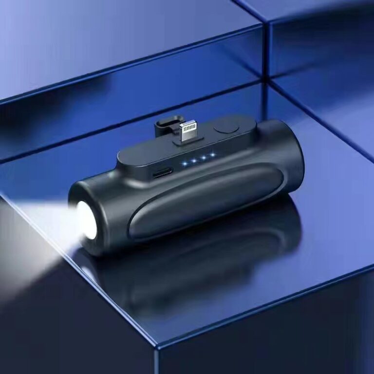 5000mAh capsule-shaped power bank with tail plug, flashlight, and compact design
