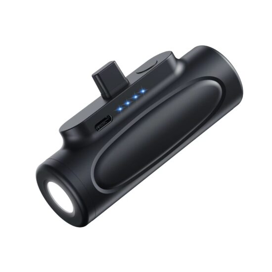 5000mAh capsule-shaped power bank with tail plug, flashlight, and compact design

