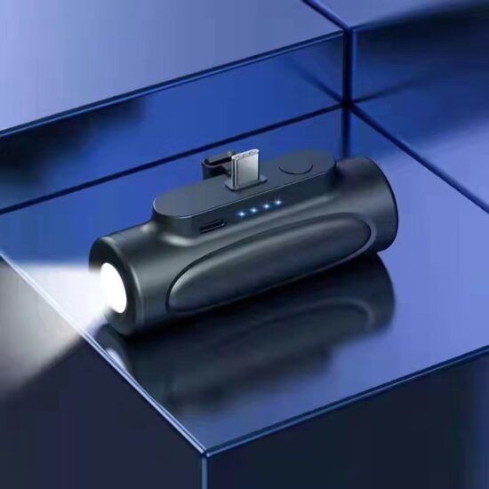 5000mAh capsule-shaped power bank with tail plug, flashlight, and compact design

