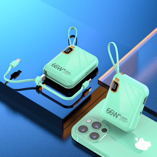"66W fast charging 20000mAh power bank with built-in cable and logo printing"