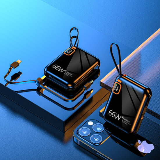 "66W fast charging 20000mAh power bank with built-in cable and logo printing"
