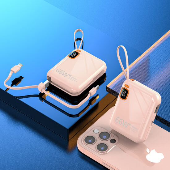 "66W fast charging 20000mAh power bank with built-in cable and logo printing"