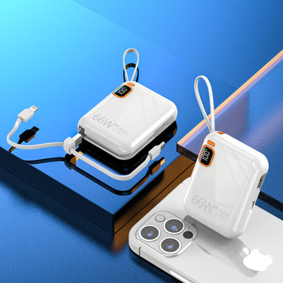 "66W fast charging 20000mAh power bank with built-in cable and logo printing"