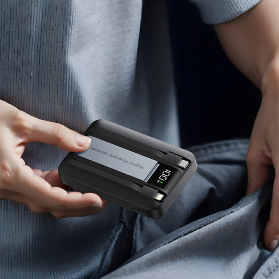 Compact magnetic wireless 10000mAh power bank with built-in charging cable