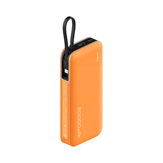 CUKTECH 20000mAh Orange Power Bank with Built-in Cable and 55W PD Fast Charging