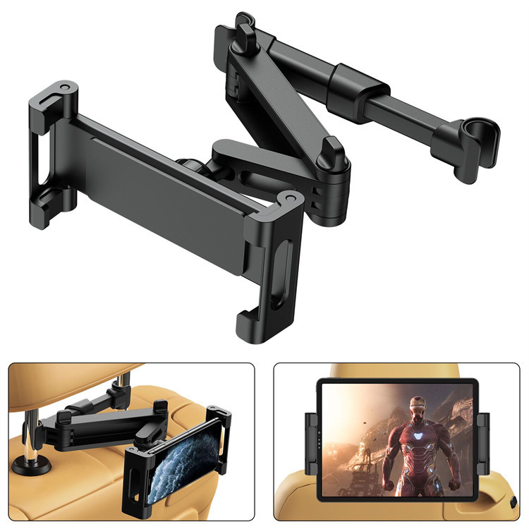 Adjustable Car Backseat Headrest Tablet & Phone Mount Image TITLE: Universal Rear Seat Car Mount for Phones and Tablets 图片描述: A telescopic car backseat holder with secure clamp design, compatib