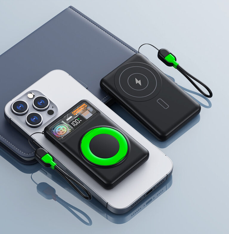 Magnetic 20000mAh power bank with 22.5W fast charge and built-in cable