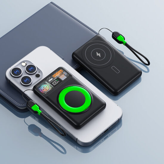 Magnetic 20000mAh power bank with 22.5W fast charge and built-in cable