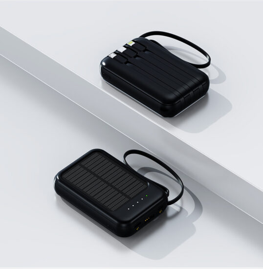 Compact solar power bank with 4 built-in charging cables for smartphones