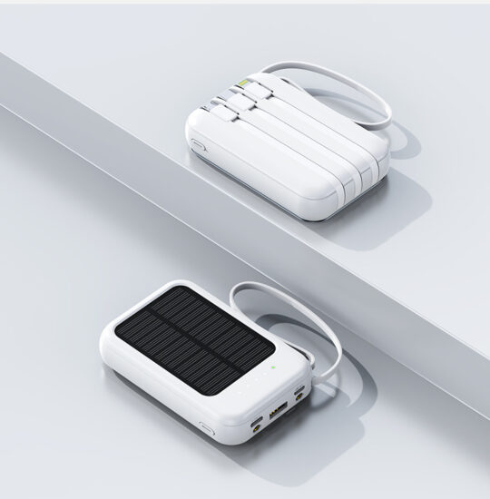 Compact solar power bank with 4 built-in charging cables for smartphones