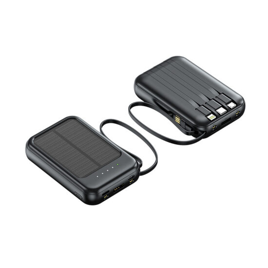Compact solar power bank with 4 built-in charging cables for smartphones