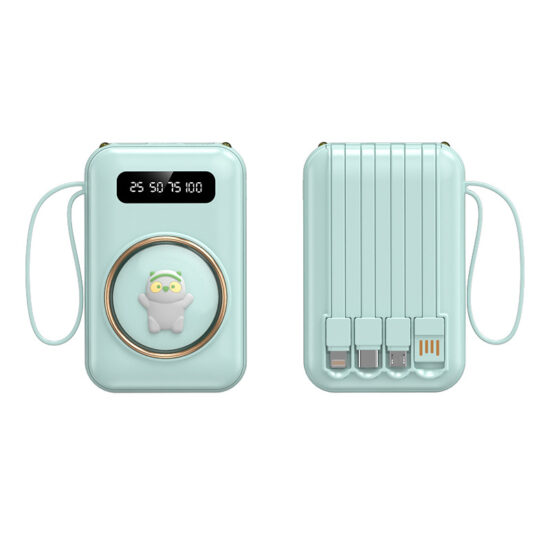 "Cute cartoon 20000mAh mini power bank with built-in charging cable and custom logo"