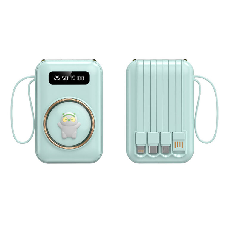"Cute cartoon 20000mAh mini power bank with built-in charging cable and custom logo"