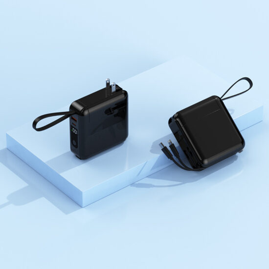 "Portable wall plug power bank with detachable AC plug, built-in cable and fast charging"