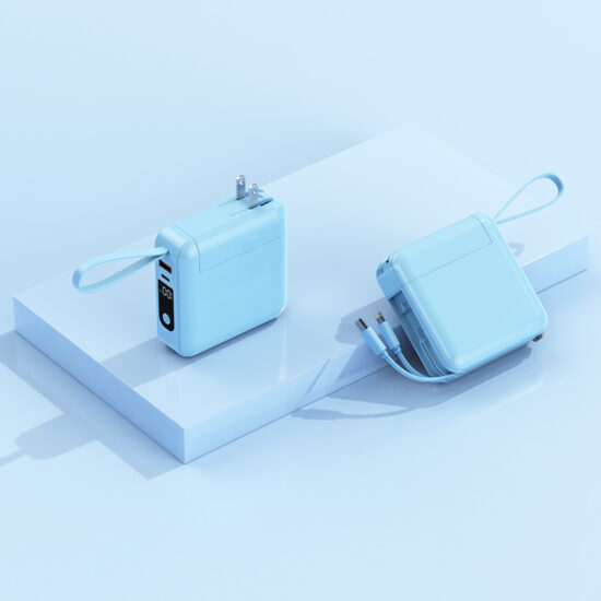 "Portable wall plug power bank with detachable AC plug, built-in cable and fast charging"