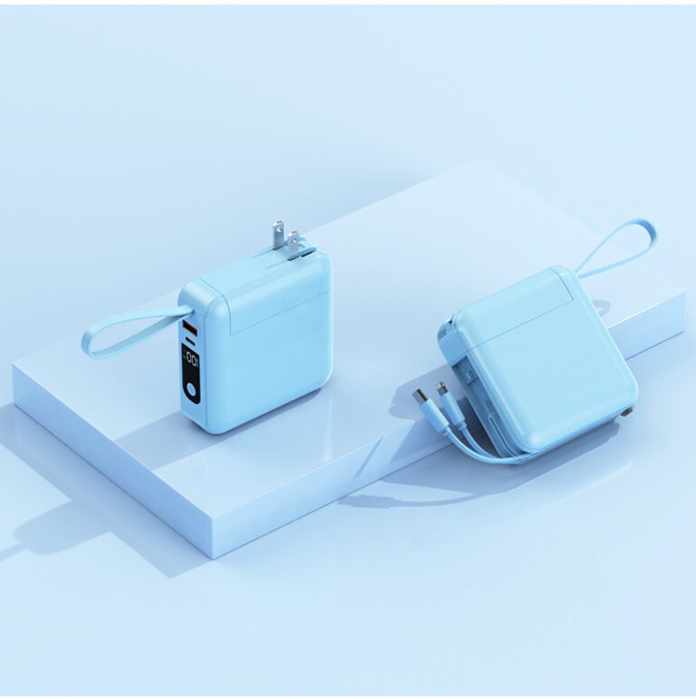 "Portable wall plug power bank with detachable AC plug, built-in cable and fast charging"