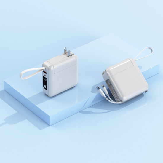 "Portable wall plug power bank with detachable AC plug, built-in cable and fast charging"
